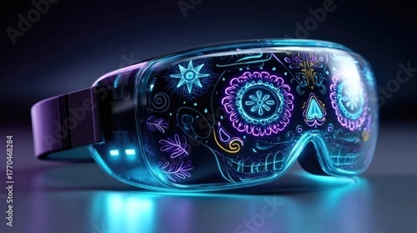 Fototapeta VR Headset with skull pattern: The image showcases a futuristic VR headset, adorned with a vibrant skull design, radiating a captivating neon glow against a dark backdrop.