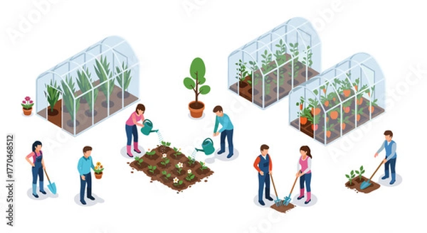 Fototapeta Diverse gardeners tending lush greenhouses and vibrant vegetable patches, cultivating growth and harvest in a bright, modern setting