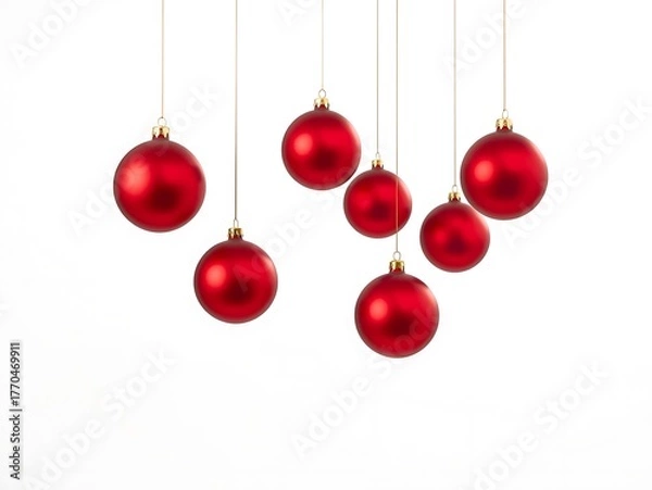 Obraz Shiny Red Christmas Ornaments Hanging on Strings White Background Festive Decoration