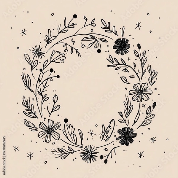 Fototapeta Delicate floral wreath design on a light beige background.