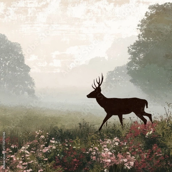 Fototapeta Silhouette of a deer in a misty meadow with wildflowers.