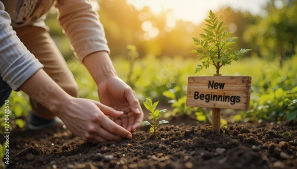 Fototapeta Person planting a tree labeled 'New Beginnings', metaphor for growth and nurturing relationships