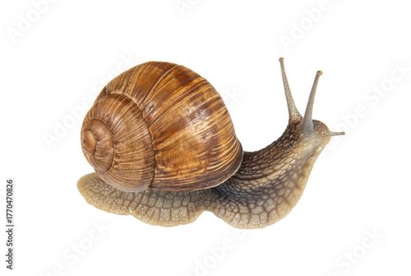 Fototapeta Garden snail with spiral brown shell on a white background