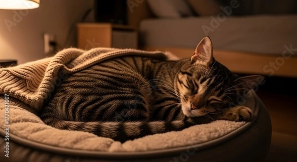 Fototapeta A cozy brown tabby cat sleeping peacefully in its bed under a warm knitted blanket in a dimly lit room.