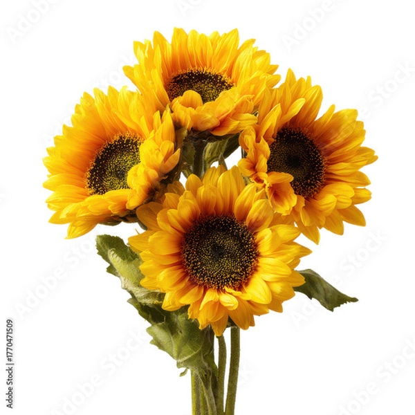 Obraz four yellow sunflowers in bloom floral plant nature isolated on white transparent background image
