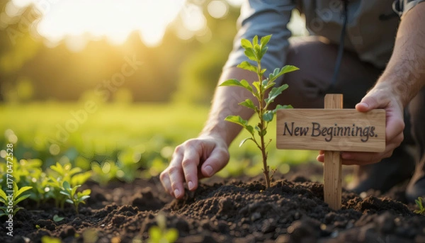 Fototapeta Person planting a tree labeled 'New Beginnings', metaphor for growth and nurturing relationships