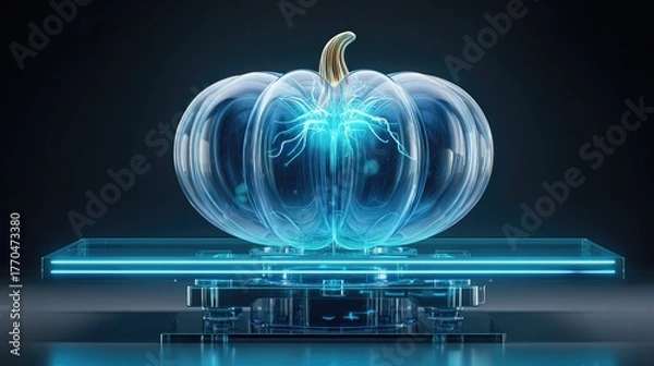 Fototapeta Digital Pumpkin Design: An ethereal pumpkin with intricate neon lines glows, set on a modern, futuristic platform. The image highlights a perfect blend of natural shapes and digital innovation.