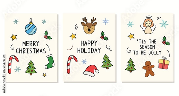 Fototapeta Cute christmas greeting card doodle illustration. Xmas card template with vector of angel, deer, gingerbread, present for asset, design, social media, template