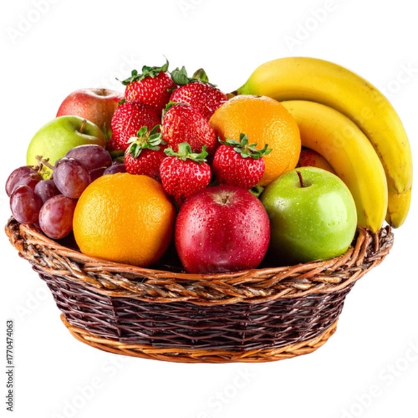 Fototapeta Abundant fresh fruit basket overflowing with strawberries apples oranges bananas and grapes