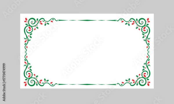 Fototapeta Elegant Green and Red Floral Decorative Border with Swirls on White Background.