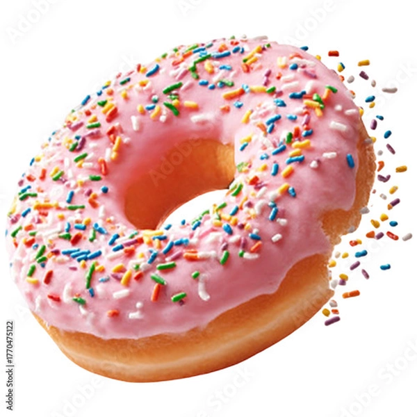 Fototapeta Delicious pink frosted donut with colorful sprinkles up close delightful treat