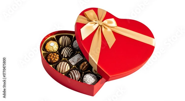 Fototapeta Luxurious heart shaped red box filled with assorted gourmet chocolates tied with a golden ribbon