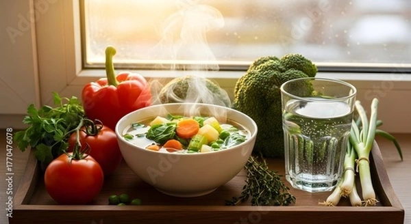 Fototapeta Vegetable and chicken soup rich in protein, vitamins and fluids to keep the body warm, healthy food