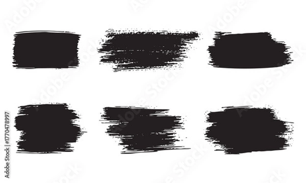 Fototapeta Set of Six Hand-Painted Black Grunge Brush Strokes Abstract Paint Texture Elements Vector. set of grunge ink splashes