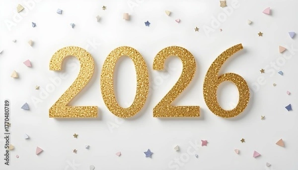 Fototapeta Golden 2026 isolated on white background with colorful confetti around it