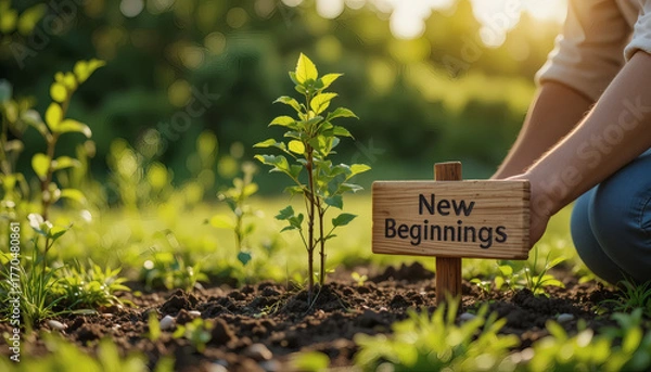 Fototapeta Person planting a tree labeled 'New Beginnings', metaphor for growth and nurturing relationships
