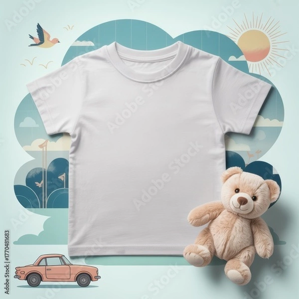 Fototapeta Kids casual t-shirt flat lay mockup, teddy bear nearby. Blank vintage white youth tee, lying template, small size. Toddler basic t-shirt template, top view. Children unfolded short sleeve crewneck tee