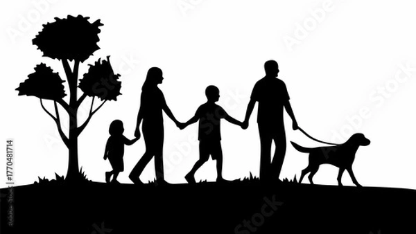 Fototapeta Happy family silhouette walking outdoors with tree and dog, creating cherished memories together