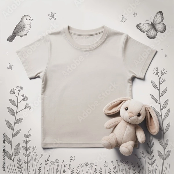 Fototapeta Kids casual t-shirt flat lay mockup, toy bunny nearby. Blank dust youth tee, lying template, small size. Toddler basic t-shirt template, top view. Children unfolded short sleeve crewneck tee