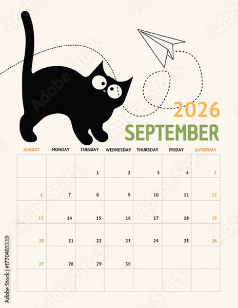 Obraz Playful Black Cat Calendar 2026 – September Page