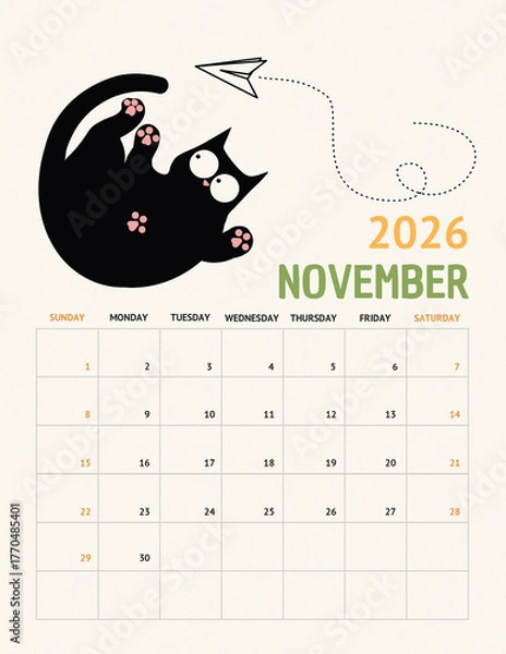 Obraz Playful Black Cat Calendar 2026 – November Page