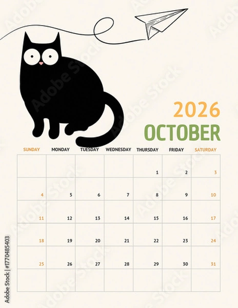 Obraz Playful Black Cat Calendar 2026 – October Page