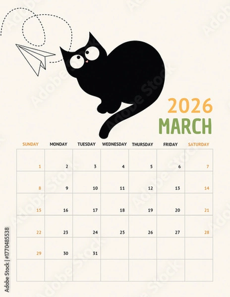 Obraz Playful Black Cat Calendar 2026 – March Page