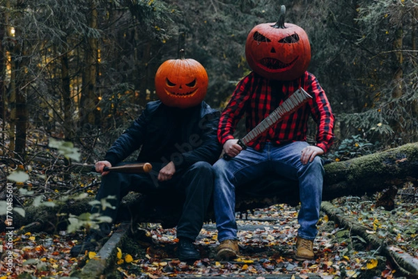 Fototapeta Two figures with pumpkin heads sit on a fallen tree in a dark forest during autumn nights