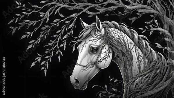 Fototapeta Black and White Artistic Horse with Flowing Mane and Leafy Branches in Dark Setting