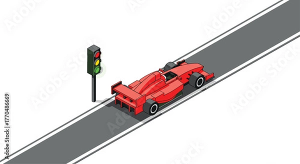 Fototapeta Dynamic red race car poised at a traffic light ready for a high-speed start on a sleek asphalt track
