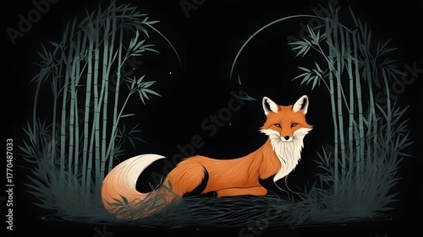 Fototapeta Elegant Fox Sitting in Nighttime Forest Scene with Bamboo Plants and Dark Sky