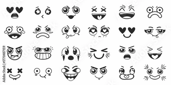 Fototapeta Collection of hand drawn cartoon faces expressing various emotions and feelings