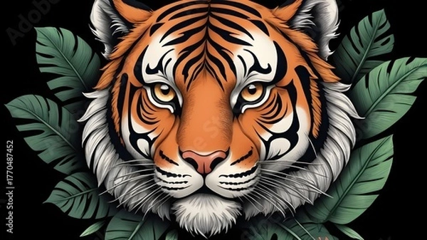 Obraz Bold Tiger Face with Green Jungle Leaves on Black Background