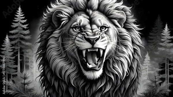 Fototapeta Majestic Roaring Lion with Fierce Expression in Monochrome Forest Scene