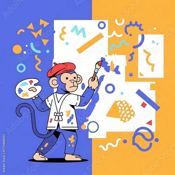 Fototapeta A cartoon monkey, wearing artist attire, paints on a split background with abstract shapes