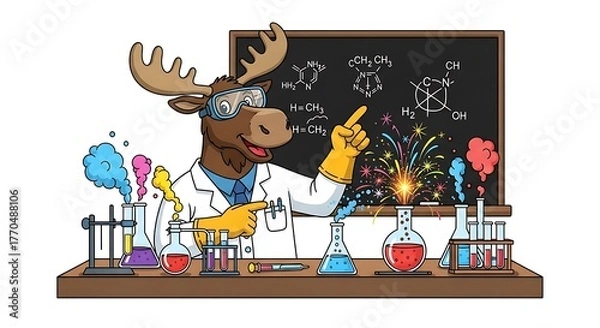 Fototapeta A cartoon moose wearing lab goggles and coat, pointing at a chalkboard with chemical diagrams amidst colorful explosions, beakers, and test tubes