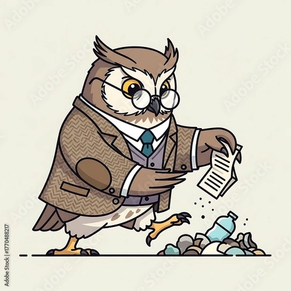Fototapeta A cartoon owl, wearing glasses and a tweed jacket, gestures towards trash, holding papers. It represents environmental responsibility