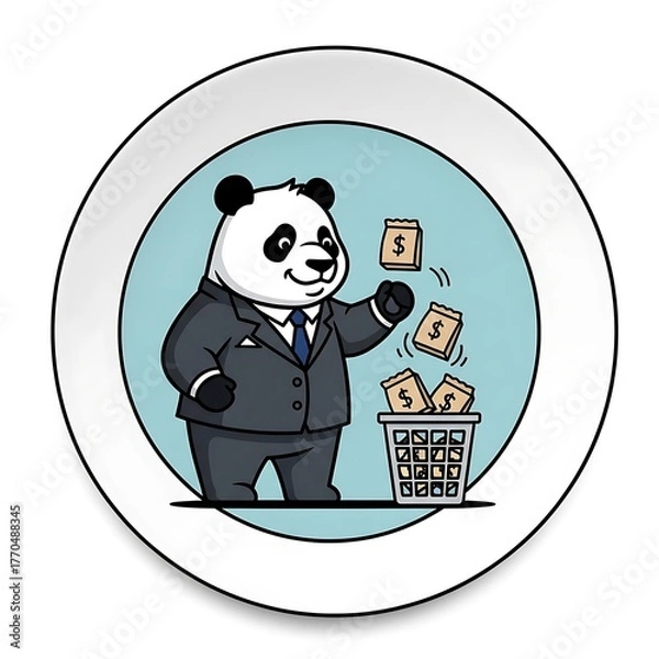 Fototapeta A cartoon panda in a suit throws money bags into a trash can, set against a light blue backdrop within a white circle