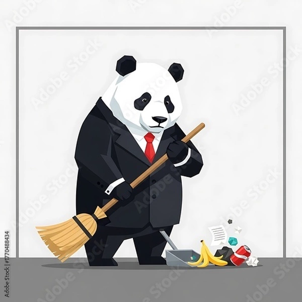 Fototapeta A cartoon panda, wearing a suit and tie, sweeps up trash with a broom and dustpan. The panda has a neutral expression