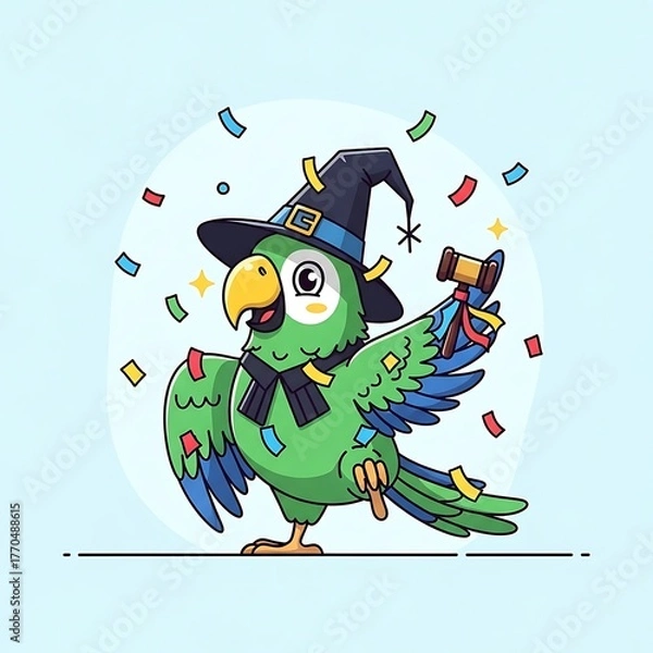 Fototapeta A cartoon parrot adorned with a wizard hat and scarf, holding a gavel while confetti rains down