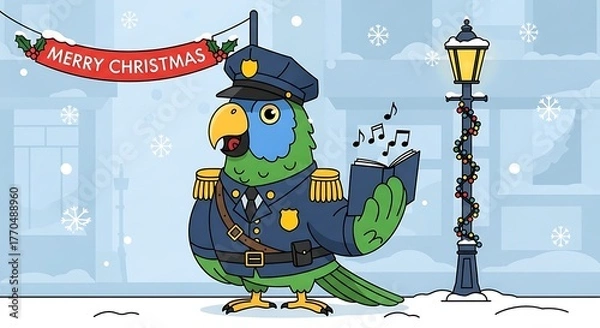 Fototapeta A cartoon parrot in a police uniform sings Christmas carols from a book, in a snowy street scene. Decorated with festive lights