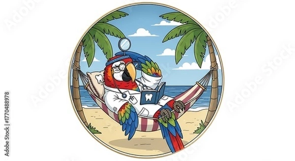 Fototapeta A cartoon parrot, wearing a doctor's coat and glasses, relaxes in a hammock on a beach while reading a book. Palm trees frame the scene