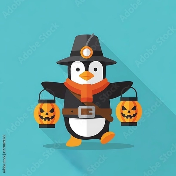 Fototapeta A cartoon penguin, dressed for Halloween, carries carved jack-o'-lanterns. It wears a hat, scarf, and a strap holding a flashlight