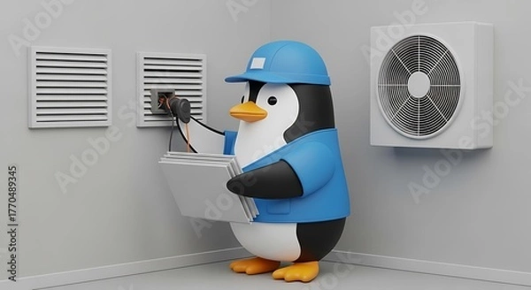 Fototapeta A cartoon penguin, dressed as a technician, plugs a wire into a wall socket, with an AC unit and vents in view