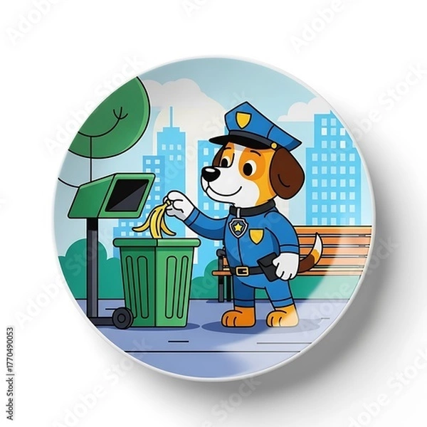 Fototapeta A cartoon police dog in uniform, disposing of banana peels in a green trash can, urban setting