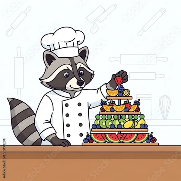 Fototapeta A cartoon raccoon chef adorns a tiered cake with fresh fruit, set against a simple kitchen background with baking tools