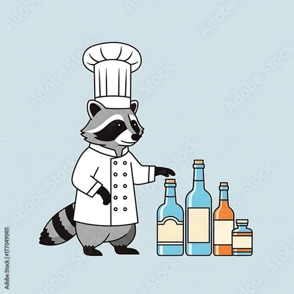 Fototapeta A cartoon raccoon, dressed as a chef, stands beside a collection of various-sized glass bottles, all on a pale blue backdrop