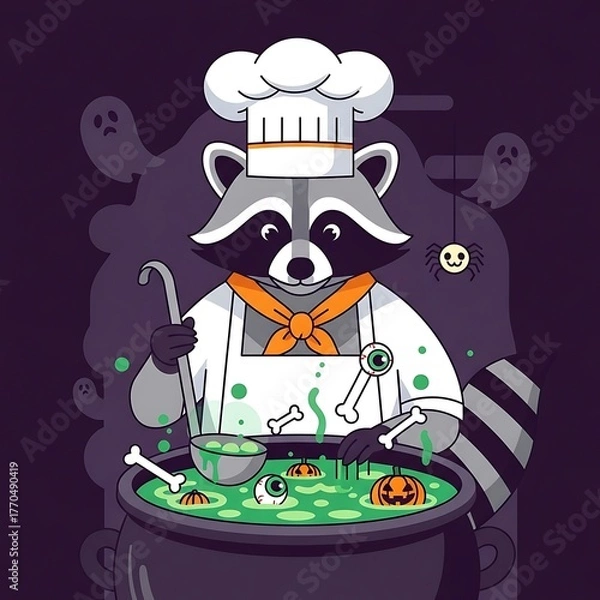 Fototapeta A cartoon raccoon, dressed as a chef, stirs a bubbling cauldron filled with spooky ingredients on Halloween