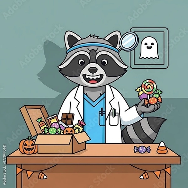 Fototapeta A cartoon raccoon, dressed as a dentist, holds candy while a box overflows with treats for Halloween. A ghost picture hangs