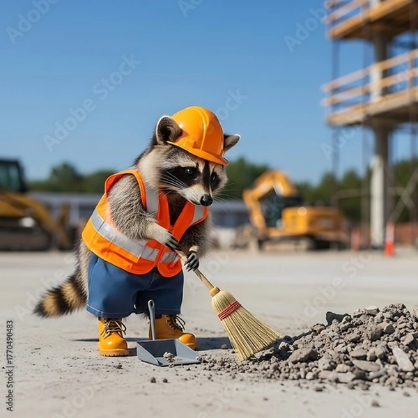 Fototapeta A cartoon raccoon, dressed in construction attire, sweeps debris with a broom on a building site. Blue sky overhead